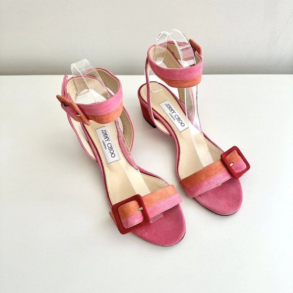JIMMY CHOO Pink Multi Suede Colorblock Ankle Strap Buckle Heel Sandals Size 38